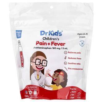 DrKids Children's Pain + Fever, Ages 2-11 Years, Cherry, 20 Pre-Measured Single-Use Vials, 0.17 fl oz (5 ml) Each