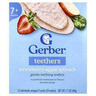 Gerber Teethers, Gentle Teething Wafers, 7+ Months, Strawberry Apple Spinach, 12 Individually Wrapped 2-Packs, 0.14 oz (4 g) Each