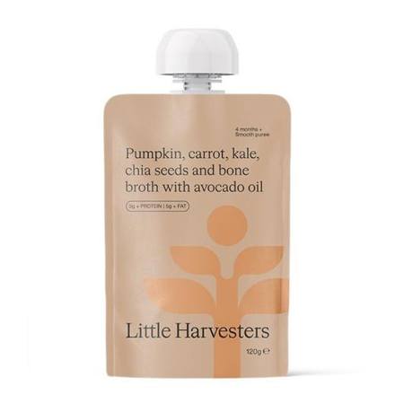 Little Harvesters Puree Pouch - Pumpkin, Carrot, Kale, Chia seeds and bone broth with avocado oil (box of 6)