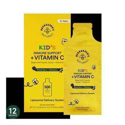 Beekeeper's Naturals Kids Immune Support, sobres de propóleo y vitamina C, sabor berries