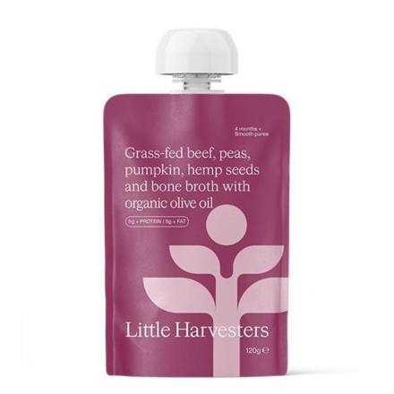 Little Harvesters Puree Pouch - Grass fed beef, peas, pumpkin, hemp seeds and bone broth with organic olive oil 120g from 6 months (box of 6)